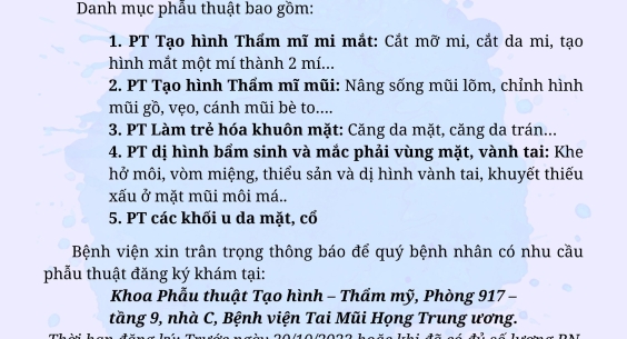Thông báo phẫu thuật Tạo hình và Thẩm mĩ vùng mặt